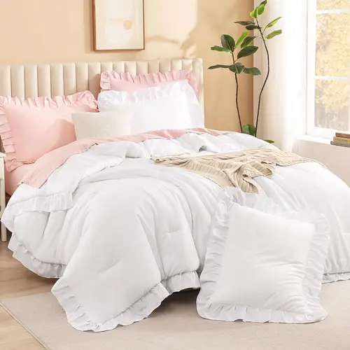 Litanika 3pc Ruffled Synthetic Comforter Set - Full/King Size, Soft Fluffy Wrinkle-Resistant Microfiber Bedding Set, Farmhouse French Country Shabby Chic Style, All Seasons Home Decor, Housewarming Gift for Cozy Setup