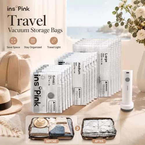 Inspink Cordless Vacuum Sealer Machine with 9/15 Compact Portable Vacuum Storage Bags, 25W Rechargeable USB-Powered Home Organizer, Travel Clothes Space-Saver, Father’s Day Gift