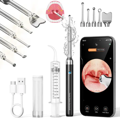 [backtoschool] Upgraded Waterproof 5-in-1 Electronic Tonsil Stone Remover Kit with WiFi-Connected 1080P HD Camera, 6 Adjustable LEDs, Spoon, Rechargeable Battery for iOS/Android, At-Home Stone Removal & Ear Irrigation System