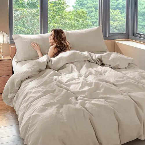 Shilucheng 3-Piece Luxury Pure Natural French Linen Duvet Cover Set - Comfy, Lightweight, Decorative Bedding with Zipper Closure Keeps It Snug, Corner Ties, Cooling Farmhouse Style, Durable for Daily Use, Comfy Bedding Set, Lightweight Duvet Set