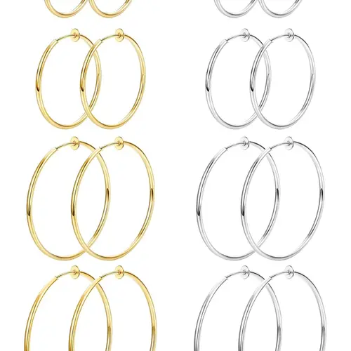 8 Pairs Clip-on Hoop Earrings, Casual Earrings Set, Stainless Steel Clip-on Earrings for Women, Fake Hoops for Non-pierced Ears, Spring Design Trendy Jewelry, Fashionable Jewelry Accessories, Non Piercing Earrings