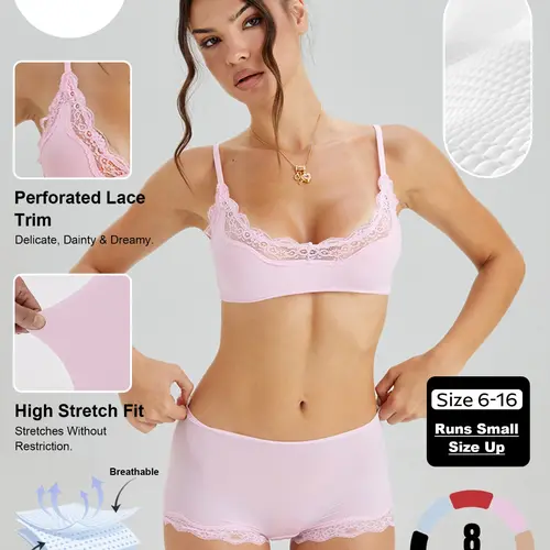 Women's Basic Lace Trim Bra & Low Rise Panties Co-ord, Solid Color Slightly Sheer Adjustable Spaghetti Strap Bralette & Knicker, Seamless Sweat-Wicking Stretch Daily Underwear Outfits Style #TikTokMadeMeBuyIt #MatchingSet #Bralette