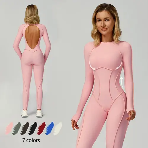 NVWA Women's Seamless Knit Nylon-Spandex Tummy Control Jumpsuit - Backless, Compression Long Sleeve, Sporty Comfy Workout Romper Overalls with Tennis Skirt, Shorts, Tie-Front Tracksuit for Gym, Hiking Workout Gym Clothing