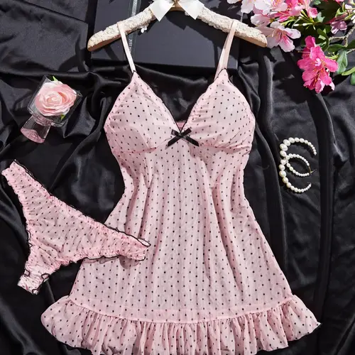 Women's Polka Dot Sheer Mesh Sleepwear Set, Breathable, Elegant Ruffle Hem Bow Front Nightgown and Panty, Comfortable All-Season Pajamas, Loungewear, Aesthetic