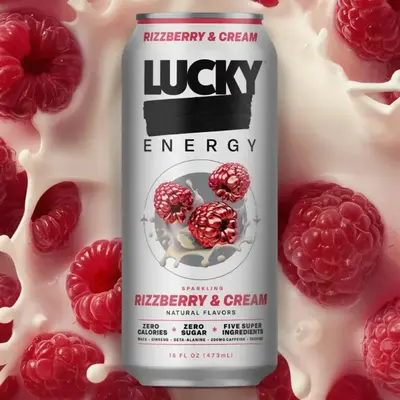 Lucky Energy Rizzberry & Cream Zero Sugar Energy Drink 16oz Cans 200mg Caffeine with Maca Ginseng Beta Alanine & Taurine 12-Pack Vegan Gluten-Free