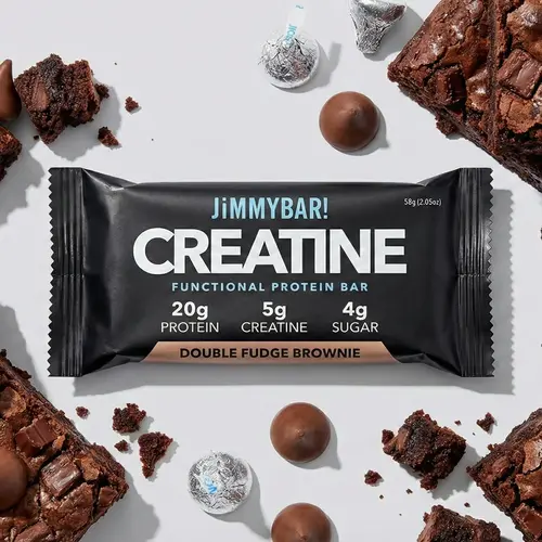 JiMMYBAR! Double Fudge Brownie Creatine Protein Bar - 20g High Quality Protein, 5g Creatine - Gluten-Free, Low Sugar, Peanuts Base - 12 & 24 Count Boxes - Natural Ingredients, Post-Workout Treat, Healthy Snack, Healthy Protein Snack, Protein Packed Snack