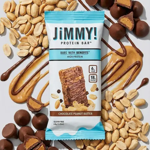 JIMMYBAR! Chocolate Peanut Butter High-Protein Snack Bar - 18g Protein, 6g Sugar, Plant-Based Caffeine, Wake & Focus Functional, 12-Bar Box, Gluten-Free, Natural Cocoa, Clean Eats, Real Food, Homemade, Office Snacks