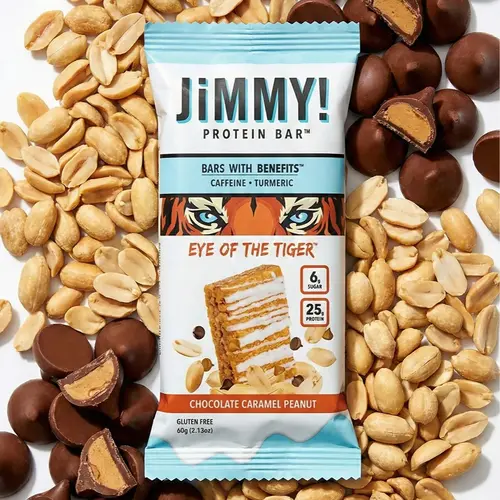 JIMMYBAR! Eye of the Tiger Caramel Chocolate Nut Protein Bar - 12 Bars (Plantbased Kick), 25g High Protein, 6g Low Sugar, Turmeric-Infused, Gluten-Free, Real Peanuts, Hand-Drizzled Chocolate, Plant-Based Caffeine, Cocoa Powder, Glycerin, Healthy Snack, Pr