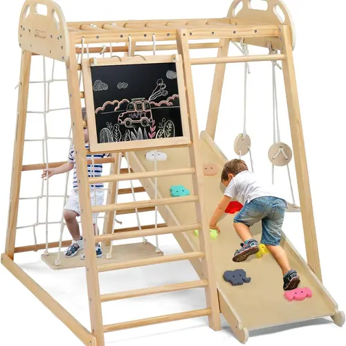 JOYMOR 8-in-1 Indoor Jungle Gym for Kids and Toddlers with Hanging-Bridge and Swing, Wooden Indoor Playground with Slide, Blackboard, Ladders for Toddler Climbers