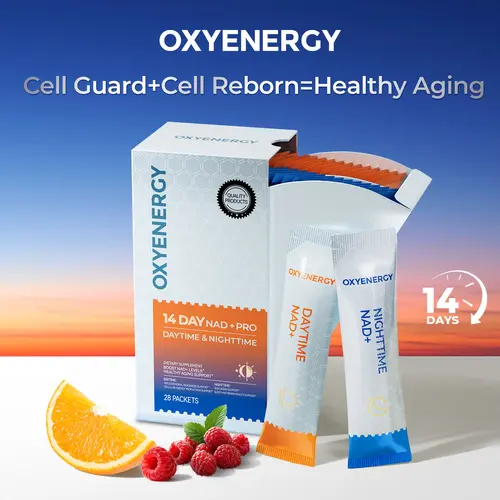 OXYENERGY  14-Day NAD+ PRO 24/7 Anti-Aging –  Day & Night Cellular Powder Activation | NR + PQQ | L-Ergothioneine+Spermidine | Beet Root | Boost Energy, Sleep, Skin, Brain & Longevity，Teasty Natural Orange and Berry Flavor,28 Packets, Vitamin, Dietary, An