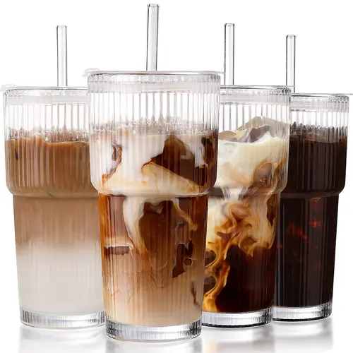 DWTS DANWEITESI 20oz Thickened Glass Tumbler Set (2Pack, Set of 2) - 500-1000ml Ribbed Reusable Indoor Iced Coffee To-Go Cups with Leakproof Lid, Straw, Car Cup Holder Compatible