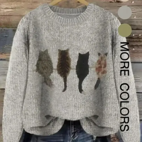 Women's Cat Pattern Knit Sweater, Soft Comfortable Round Neck Pullover, New Design Casual Fashion Lazy Style Top, Knitwear