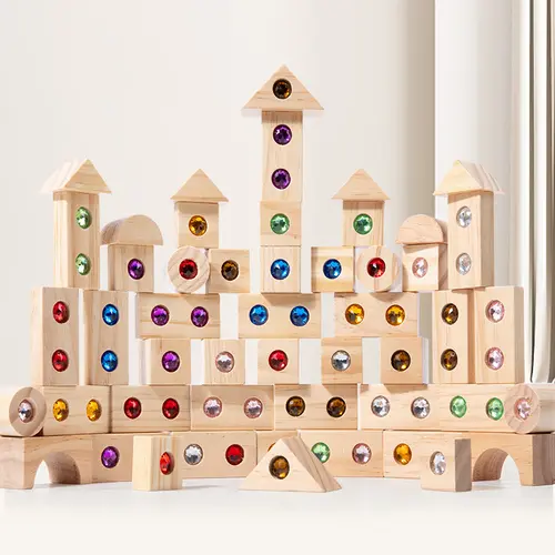 Hatwoo 32pcs/50pcs Unisex Round Acrylic Wood Colorful Gemstones & Wooden Building Blocks Set - Shape Sorter Kids Toy for 3+ Years Toddlers, Boosts Color Sensory Perception, Ideal for High-Rise Building, Christmas Gift