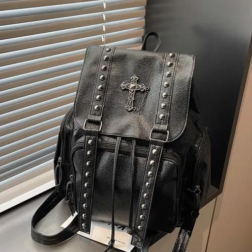 Punk Retro Cross Stud Rivet Backpack, Trendy College Bookbag, Stylish Casual Daypack, Versatile Multi-Color Street Fashion Travel Bag for Daily Commuting, School & Parties