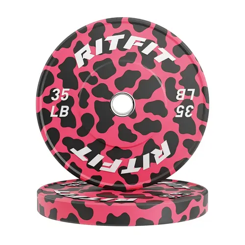 RITFIT Pink Leopard Print Olympic Bumper Plates - 2in Rubber Barbell Weighted Plates for Home Gym Weight Training Equipment, Barbell Weight Plates, Weighted Plates Plates, Weights