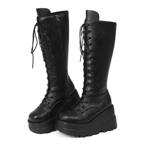 AOSPHIRAYLIAN Black Gothic Platform  Chunky Boots for Women ound Toe Mid Calf Back Zipper Motorcycle Boot Vegan Leather Mid Calf Wedge Punk Combat Boots AOSPHIRAYLIAN ,shoes for back to school,back to school shoes  sohochic