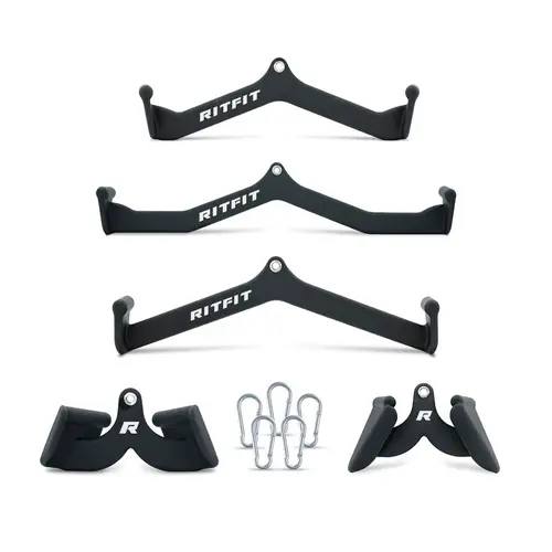 RITFIT 5pcs Lat Pulldown Bar Combo Gym Accessories - Ergonomic Dip Coating Ergo Grip, High-Quality Stainless Steel Construction, Classic Black Lat Pulldown System, Home Gym Kit for Back+Arm Workouts