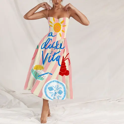 Women's Strapless Non-Stretch Polyester Slip Dress - Pop Art Design, Coordinate Fabric, Princess Style, 2-Piece Set, French Phrases, Spring Fashion Casual Beach Outfits
