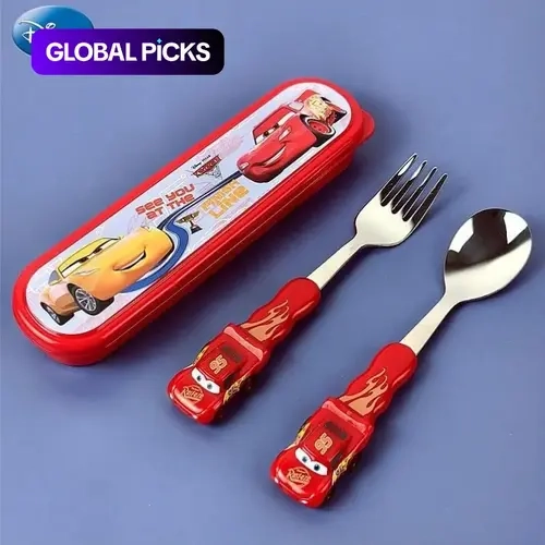 Disney Officially Licensed 3D Spoon & Fork Set, Spoons And Forks Set, Kids Cutlery with Lightning McQueen & Mickey Mouse Design, Food-Grade Material, Non-Slip Handles with Portable Case, for Outdoor Picnics, Birthday Parties