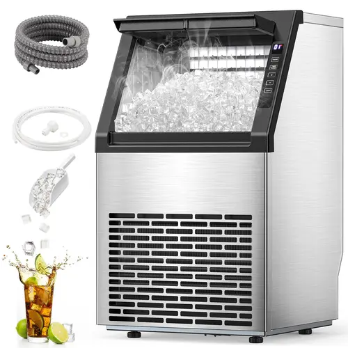 COWSAR 80lb Stainless Steel Commercial Countertop Ice Cubes Maker Machine with LED Display, Automatic Operation, 24lbs Ice Storage, Includes Scoop & Connection Hose for Home Bar, Office, Coffee Shop