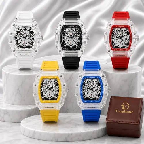 Men's Stylish Barrel-Shaped Skeleton Watch with Transparent Case & Silicone Strap - Mechanical Movement, Great Men's Stuff & Teenage Boy Gifts, Fashionable Watches, Stylish Watch sohochic
