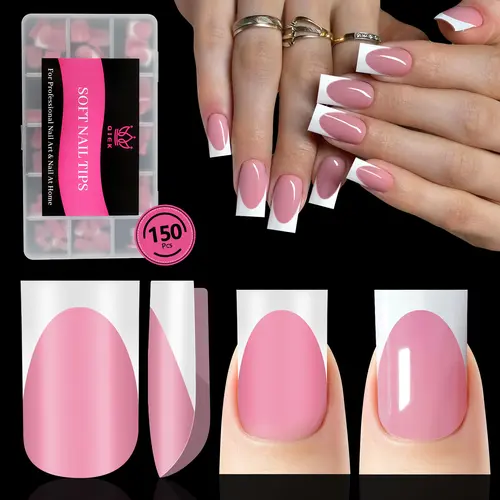 Qiek French Tips Press On Nails - 150Pcs Pink Short Square Soft Gel Nail Tips Pre-Designed, 15 Sizes Fake Nails for Nail Art DIY, False Nails Salon Quality Manicure at Home Gifts For Women