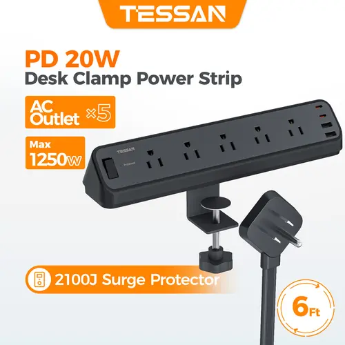TESSAN 9 in 1 Desk Clamp Power Strip with 20W Fast Charging 1250W Max, No Drilling, Ergonomic Angle, 4 USB Ports, Flat Plug, for Home Office Dorm Room