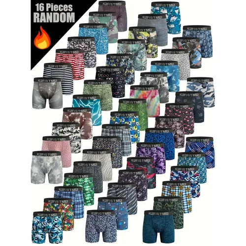 KJFISTMU Men'S 16pcs Random Printed Boxer Briefs In Vibrant Camouflage, Medium Stretch, Soft, Breathable, Everyday And Athletic. Suitable For All Seasons. Menswear Mixed Color Socks Operator