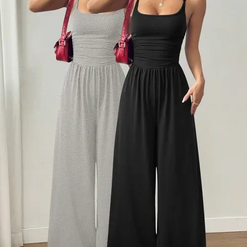 1/2 Document Women's Spring Summer Casual Adjustable Strap Jumpsuit, Loose Straight Leg Waist Cinch, Comfortable Fashion Daily Wear Shopping, Dating