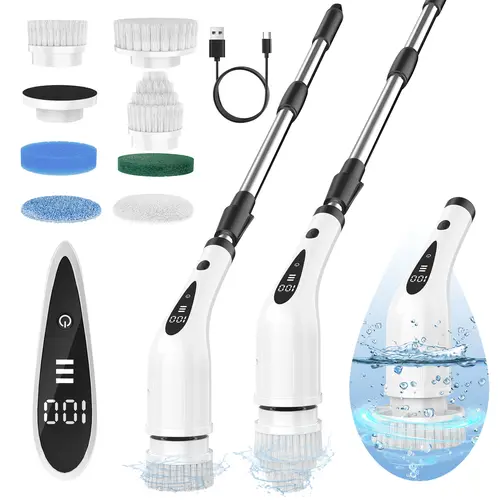 2026 New Upgraded Rechargeable Electric Spin Scrubber Set - Plastic Scrubbing Spin Brush, Cordless Powerful Cleaning Tool, IPX7 Tub-Safe, 8 Interchangeable Heads, 3 Adjustable Speeds, Extension Pole, USB Cable, Ideal for Shower Floor Cleaning