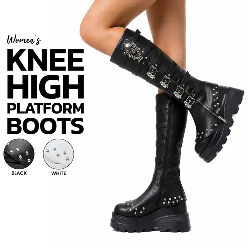 VIMISAOI Women's Knee-High Platform Boots - Round Toe, Chunky Wedge Comfortable Heels, Side Zipper, Skull Buckle, Chain Rivets, Slip-Resistant Grunge Aesthetic Statement Footwear for Photoshoots, Concerts