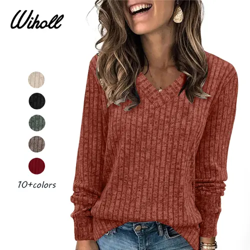 Wiholl Women's Casual Long Sleeve V-Neck Knit Tunic Top - Lightweight Doesn’t Wrinkle When Washed Autumn Oversized Loose Fit Knitwear for Layering, Basic Work Wear, Long Sleeve Tops, Lightweight Knit Apparel