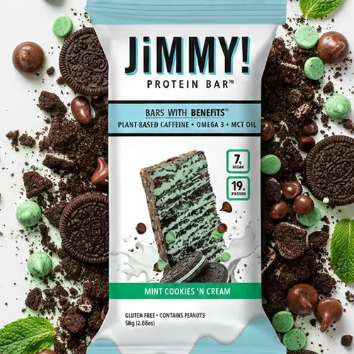 JIMMYBAR! Mint Cookies 'n Cream Nutrition Bar - Boxed Gluten-Free Functional Snack with 19g Real Food Protein, 7g Low Sugar, Plant-Based Caffeine, Chocolate, Peanut, Cookie Dough, Protein Cookies, Cocoa Powder, Glycerin for Wake & Focus, High Protein, Mct