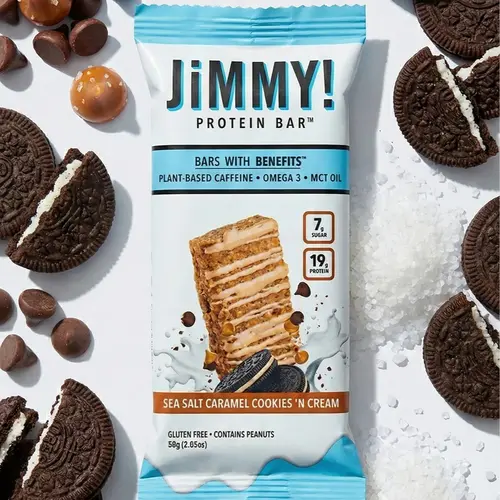 JIMMYBAR! Sea Salt Caramel Cookies 'n Cream Plant-Based Protein Bar - 19g Protein, 7g Sugar, Peanut Butter Base (Peanuts), Gluten-Free, Caffeine-Infused, Clean Eats, Office Snacks, 12-Bar Chocolate Snack Box