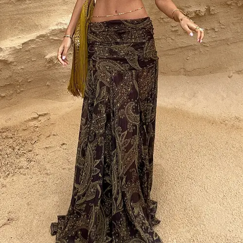 Vintage Mesh Floral Print Maxi Skirt, Bohemian Boho Vacation Style Half Skirt, Elegant Women's Fashion for Spring & Summer, Womenswear, Elegance, Floral Pattern Skirt