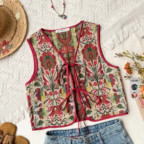 Women's Boho Embroidered V Neck Floral Casual Fashion, Bohemian Vintage Ethnic Woven Waistcoat, Fitted Front Collar Top, Fall & Winter Fashion Aesthetics, Embroidery, Womenswear, Sleeveless Vest Top