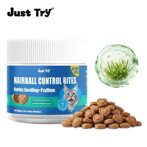Just Try 300 Bites Hairball Control Cat Treats - Hairball Treatment & Relief for Cats - with Cat Grass, Pumpkin, & Omega-3 Fish Oil, Crunchy Chicken Flavor Crunchy Bites, Feline Grass Treats