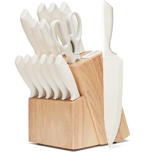 Knife Set,15 Pcs Kitchen Knife Set with Block Self Sharpening, Dishwasher Safe, Anti-slip Handle (Beige)