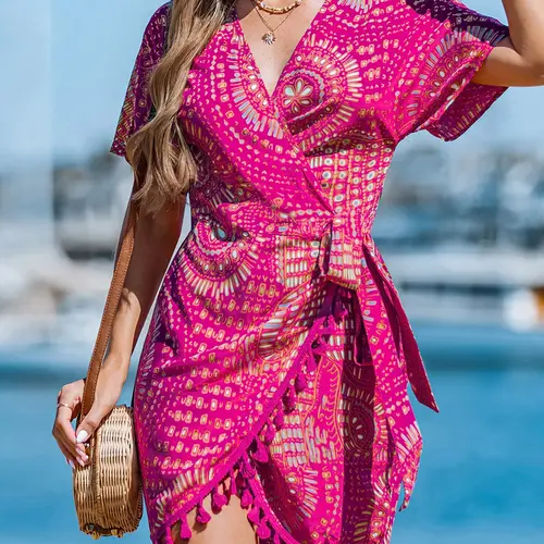 Women's Summer Dress, V Neck, Short Sleeve, Tie Back Design, Casual Boho Bohemian Style with Frills & Ruffles, Geometric, Perfect for Vacation Wear, Beach Dress, Bohemian Summer Dresses