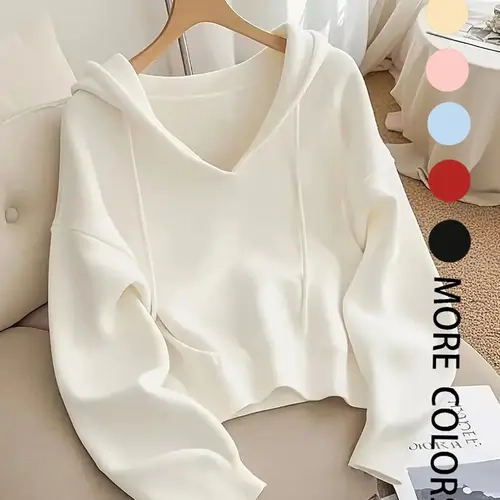Women's V-Neck Adjustable Drawstring Hoodie, Loose Fit Soft Knit Pullover, Casual Unique Design Long Sleeve Sweatshirt for Early Autumn Knitwear, Tops, Womenswear, Casual Fashion Knitwear