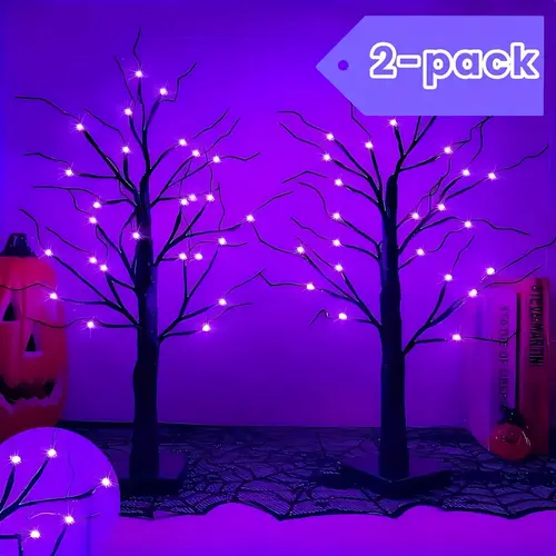 Spooky Halloween Decorative Tree 2-Piece Set - Battery-Powered, 24 LED Bulbs, 18 Ornaments, Halloween Aesthetic Mood Lighting, Colorful Indoor Decorative Lights for Home Living Room, Haunted House