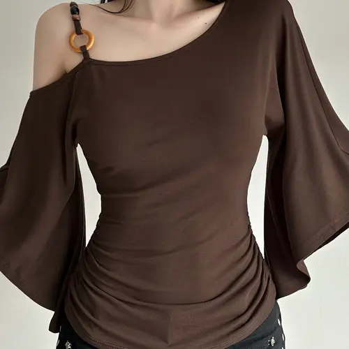Women's Retro Ethnic Style Beaded Asymmetrical Shoulder Flounce Long Sleeve Flared Top Shirts Womenswear, Slim-Fit Casual Spring & Fall Fashion, Moderate Fabric, Casual Chic Top