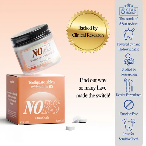 NOBS Toothpaste Tablets Citrus Crush Fluoride Free Vegan Anti Plaque Oral Long Lasting Nano Hydroxyapatite Safe for Children