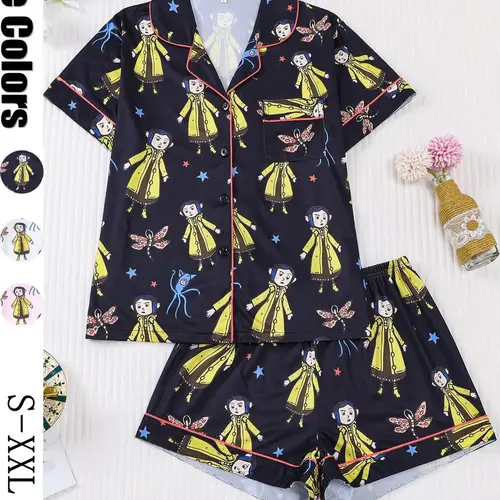 Women's Monkey Print Pajama Set, Short Sleeve Button Front Top & Elastic Shorts, Casual Home Wear, Comfortable Sleepwear, Loungewear