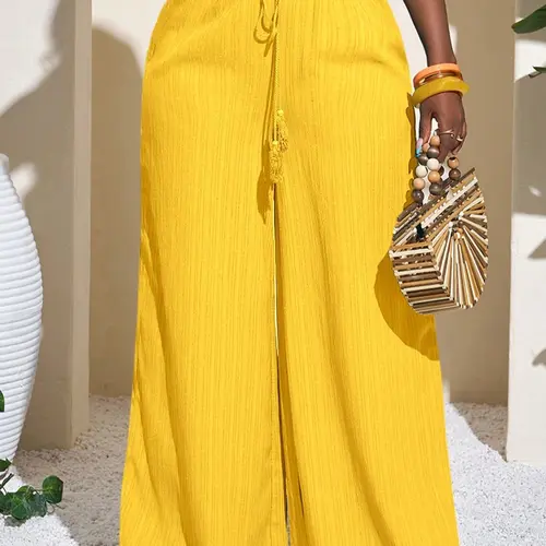 Plus Size Women's Solid Color Woven Wide-Leg Pants, Bottoms, Casual High-Waist Baggy Loose-Fit Trousers for All-Season Wear, Slouchy Palazzo Pants
