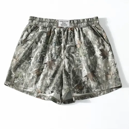 Vintage Street Withered Branch Camo Print Loose-Fit Gym Shorts, Casual All-Season Wear, Moderate Fabric Thickness, Kint Style, Camouflage Athletic Shorts