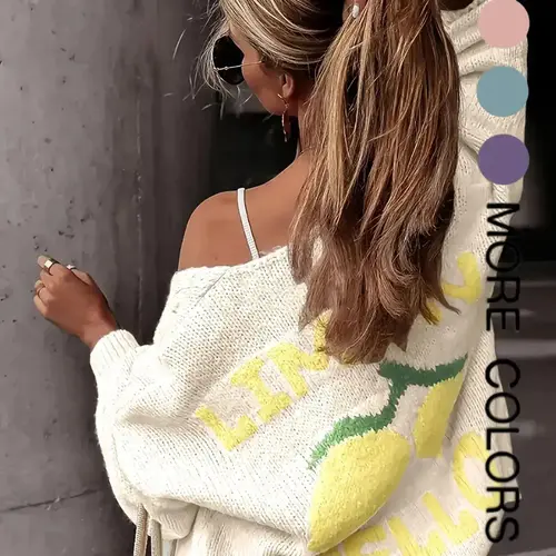 Autumn Winter New V Neck Button Knit Cardigan, Unique Design Lemon Pattern Soft Long Sleeve Sweater Top, Women's Fashion Outerwear Knitwear