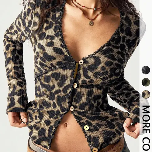 Women's Leopard Print Long Sleeve Knit T-Shirt, Knitwear, Slim-Fit Casual Everyday Top for Fall Season, Stylish Fashionable Women's Clothing