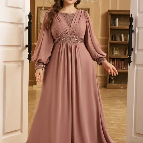 Elegant Round Neck Lantern Long Sleeve Woven Mermaid Dress, Ruched Front Beaded Sequins Waist Design, Perfect Formal Evening Gown for Special Occasions