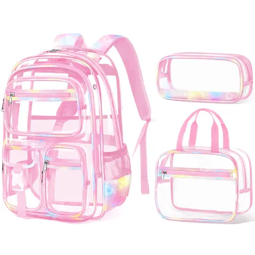 Fimibuke Clear Backpack with Lunch Box & Pencil Case 3PCS Heavy Duty Transparent PVC Schoolbag Large Waterproof Bookbag for Travel School Concert Stadium Events Backpacks,back to school,back to school shopping,travel essentials